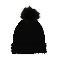 Fuzzy Knit Beanie Hat With Faux Fur Pom