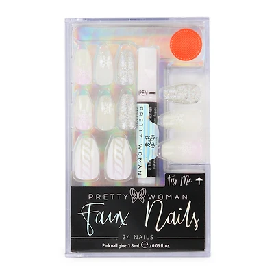 Pretty Woman Faux Nails Set - White With Snowflakes