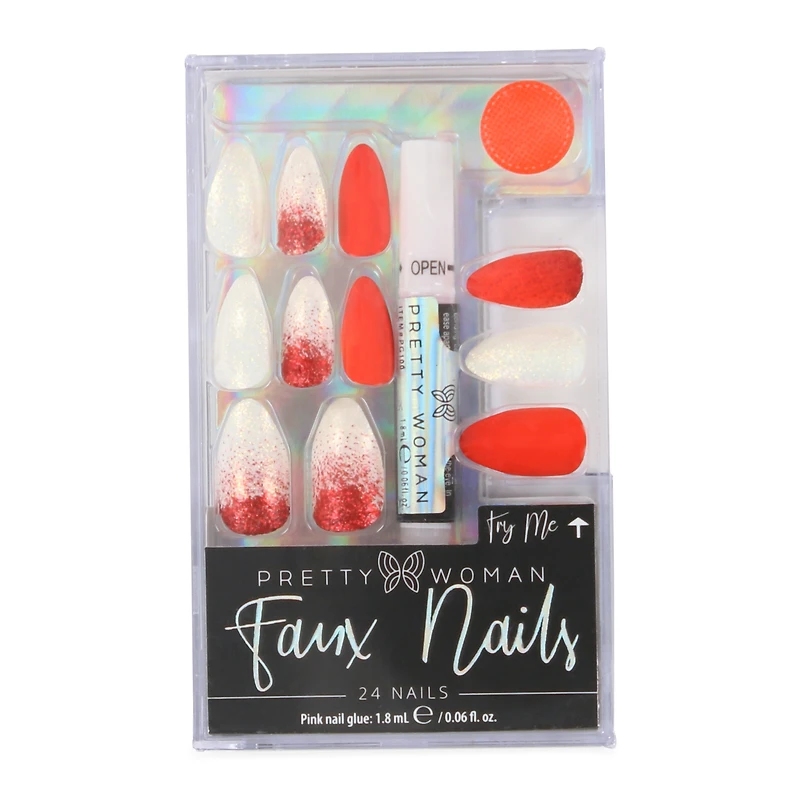 Pretty Woman Faux Nails Set - Red & White Glitter
