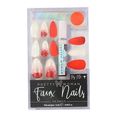 Pretty Woman Faux Nails Set - Red & White Glitter