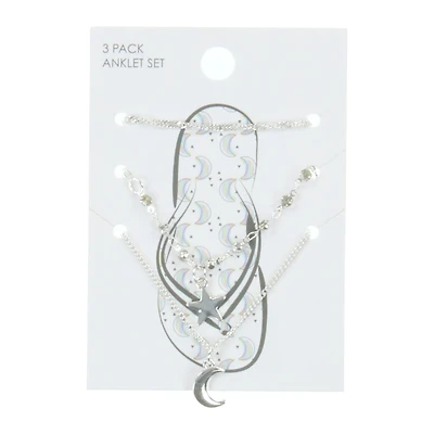 Moon & Star Silver Anklets Set 3-Count