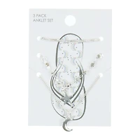 Moon & Star Silver Anklets Set 3-Count