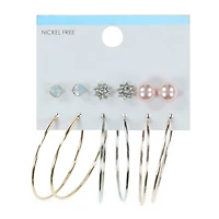 Faux Diamond & Pearl Studs & Hoop Earrings 6-Pair Set