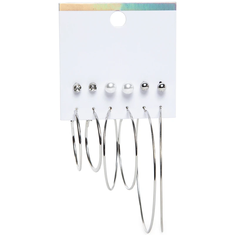 Silver Hoops & Stud Earrings 6-Pairs
