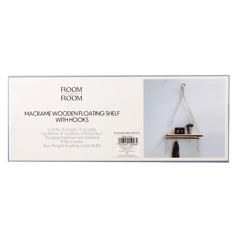 Macrame Wooden Floating Shelf With Hooks 15.6in x 32.25in
