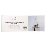 Macrame Wooden Floating Shelf With Hooks 15.6in x 32.25in