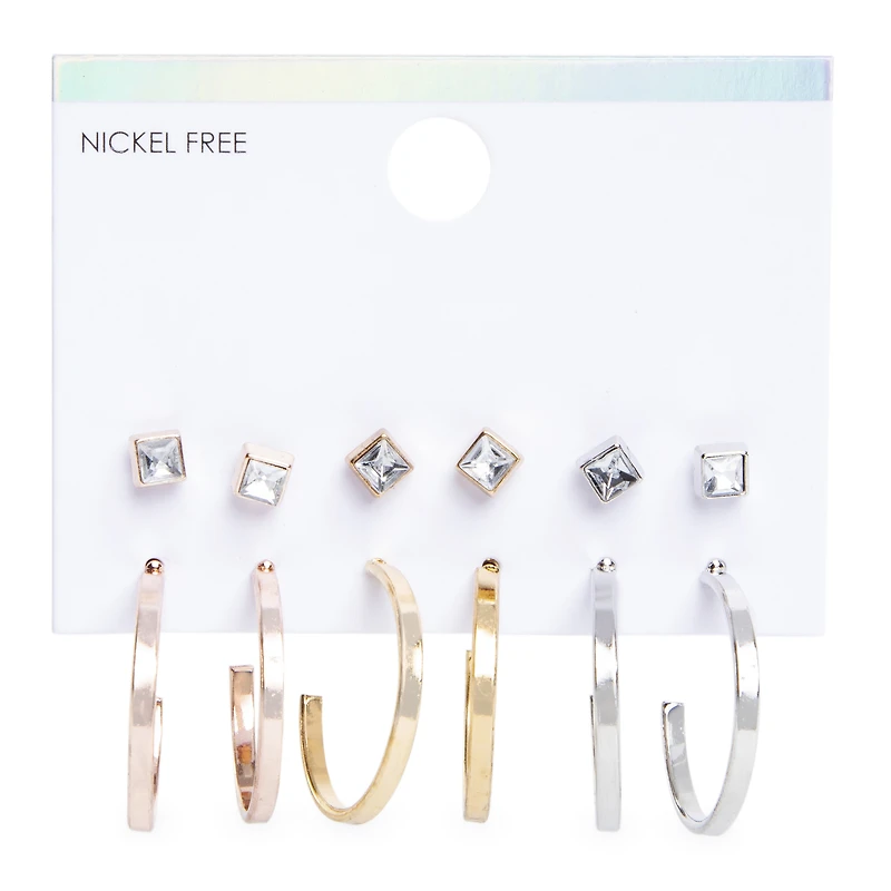 Medium Hoops & Square Stud Earrings 6-Pair Set