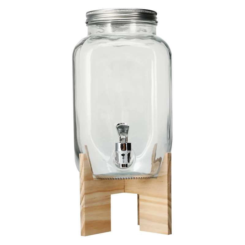 Glass Jar Drink Dispenser With Wooden Stand 13in