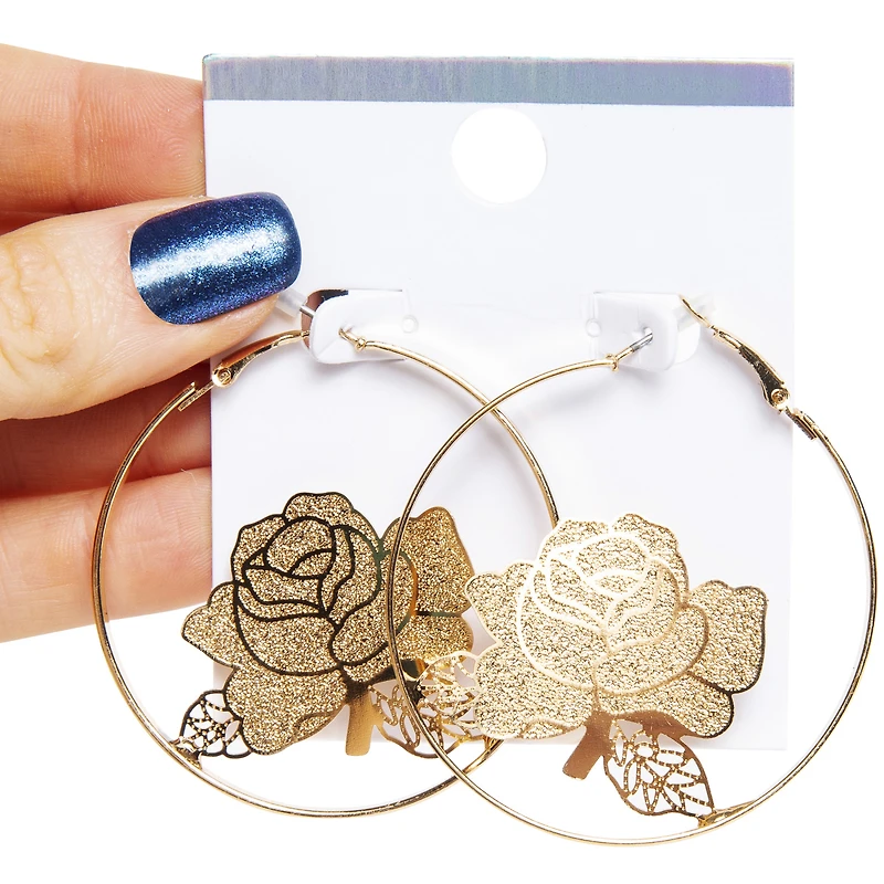 Gold Roses Hoop Earrings