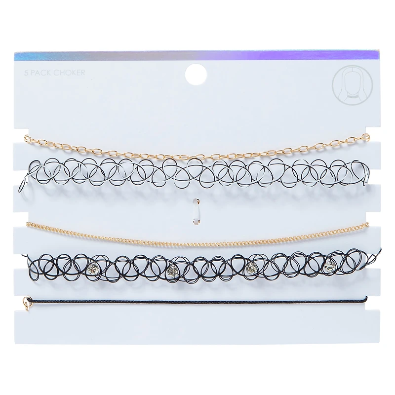 Gold Chain & Black Tattoo Choker Necklaces Set, 5-Piece