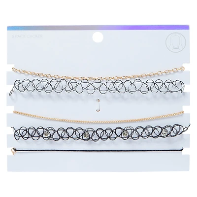 Gold Chain & Black Tattoo Choker Necklaces Set, 5-Piece