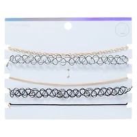 Gold Chain & Black Tattoo Choker Necklaces Set, 5-Piece