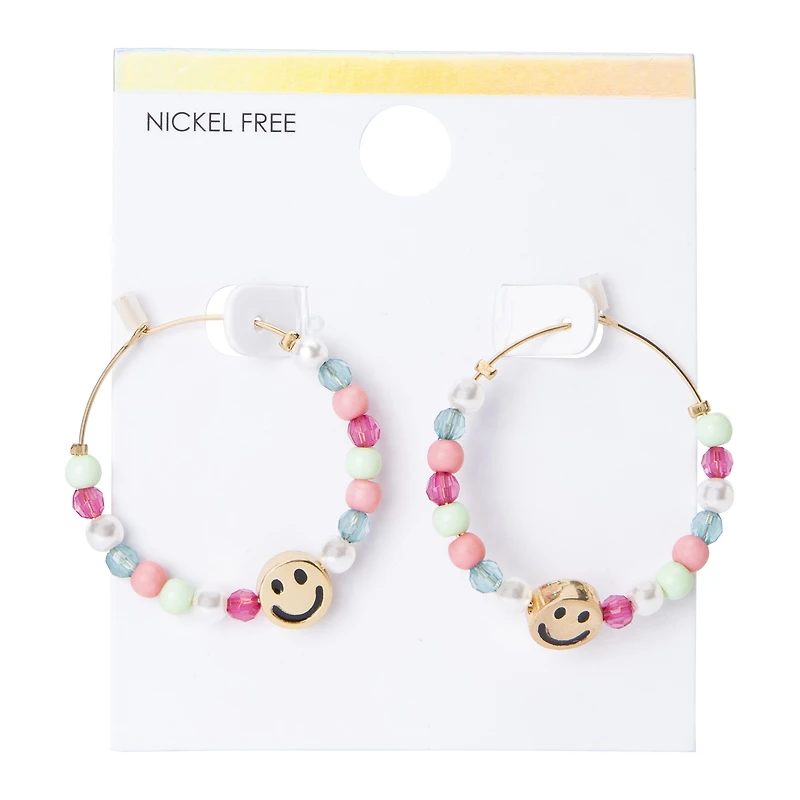 Beaded Happy Face Hoop Earrings