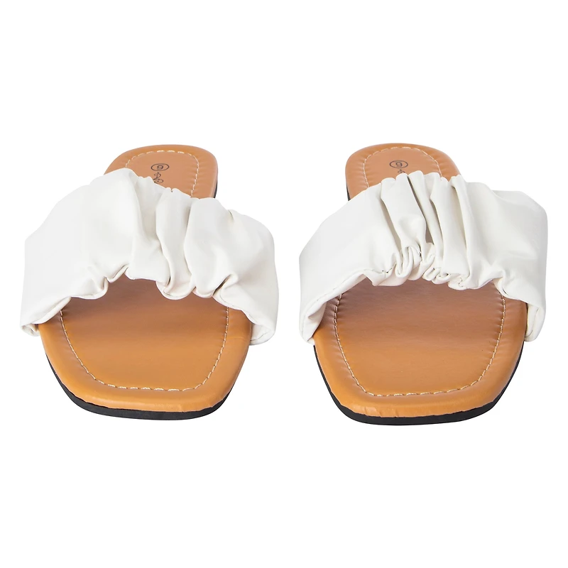 Ladies Scrunch Strap White Slide Sandals