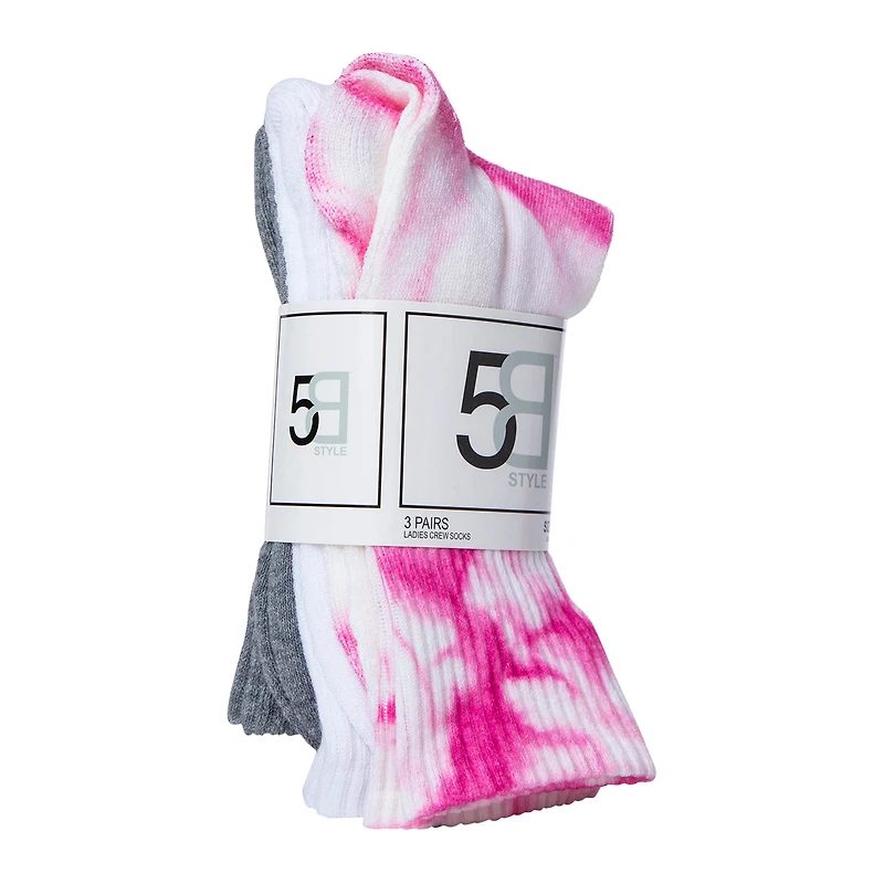 Ladies Pink Tie Dye Crew Socks 3-Pack
