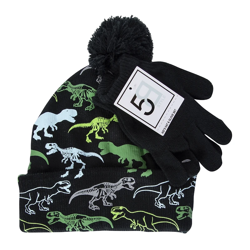 Kid's Dinosaur Print Winter Hat & Glove Set