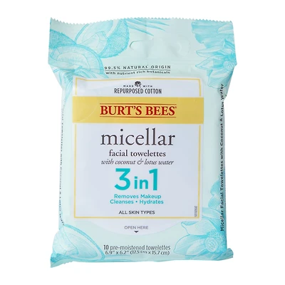Burt's Bees® Micellar Facial Towelettes 3-in-1 Coconut & Lotus Water 10-Pack