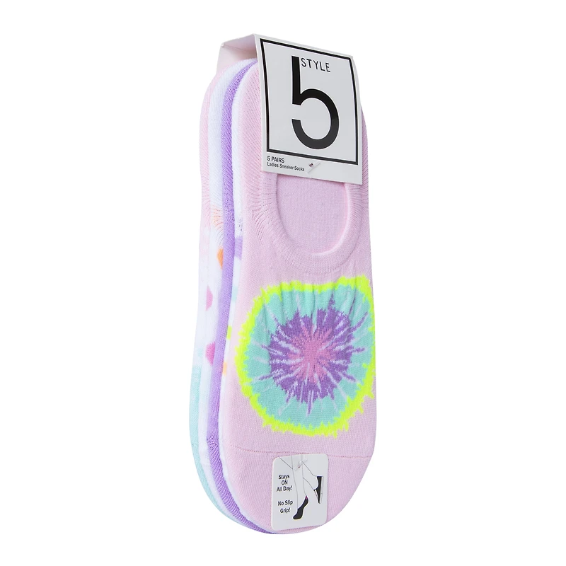 Ladies Tie Dye No-Show Sneaker Socks 5-Pack