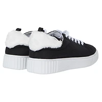 Ladies Black & White Sneakers With Faux Fur Trim