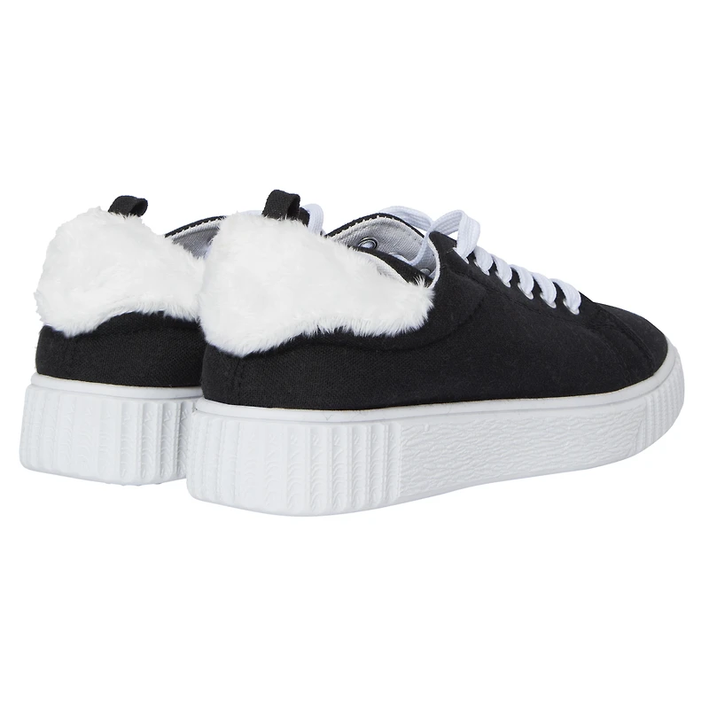 Ladies Black & White Sneakers With Faux Fur Trim