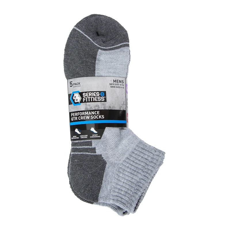 5-Pack Series-8 Fitness™ Men's Quarter Crew Socks - Gray, Dark Gray