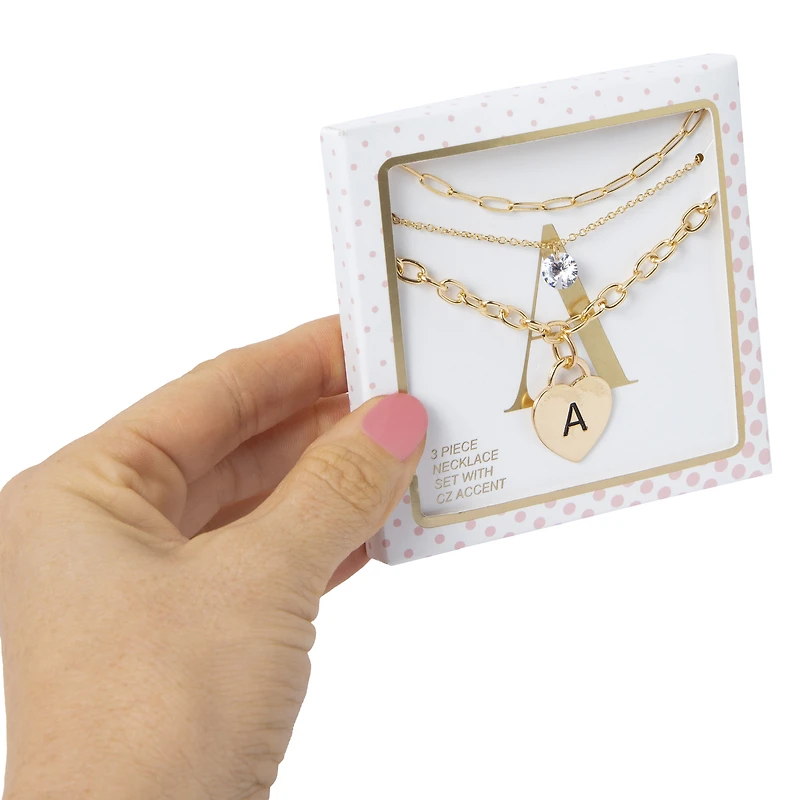 Gold Heart initial Necklace Set 3-Piece