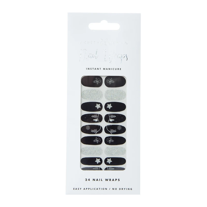 Pretty Woman Holiday Nail Wraps 24-Piece - Black & Silver