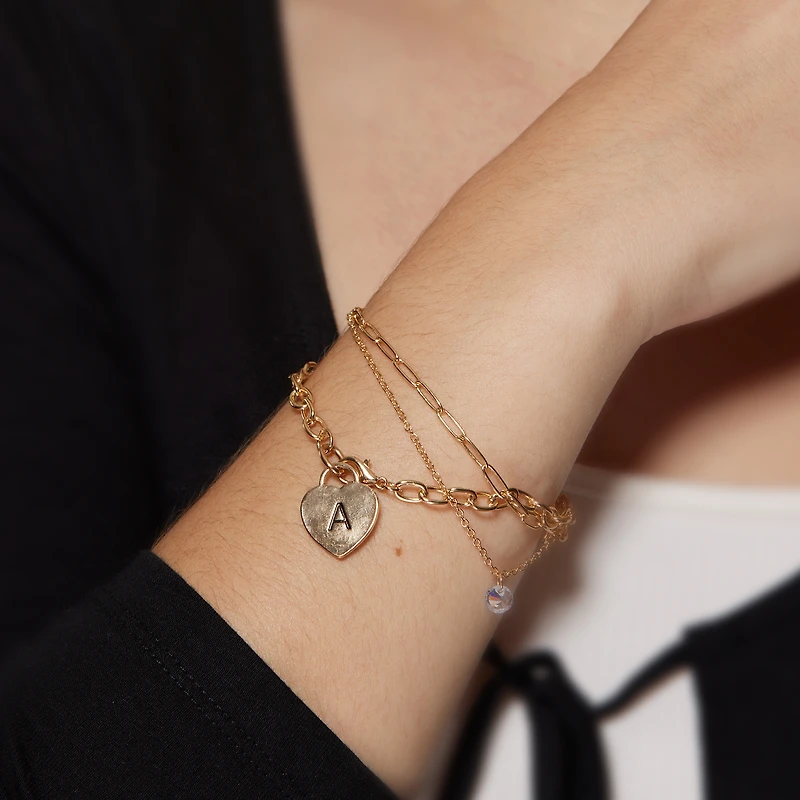Gold Heart initial Bracelet Set 3-Piece