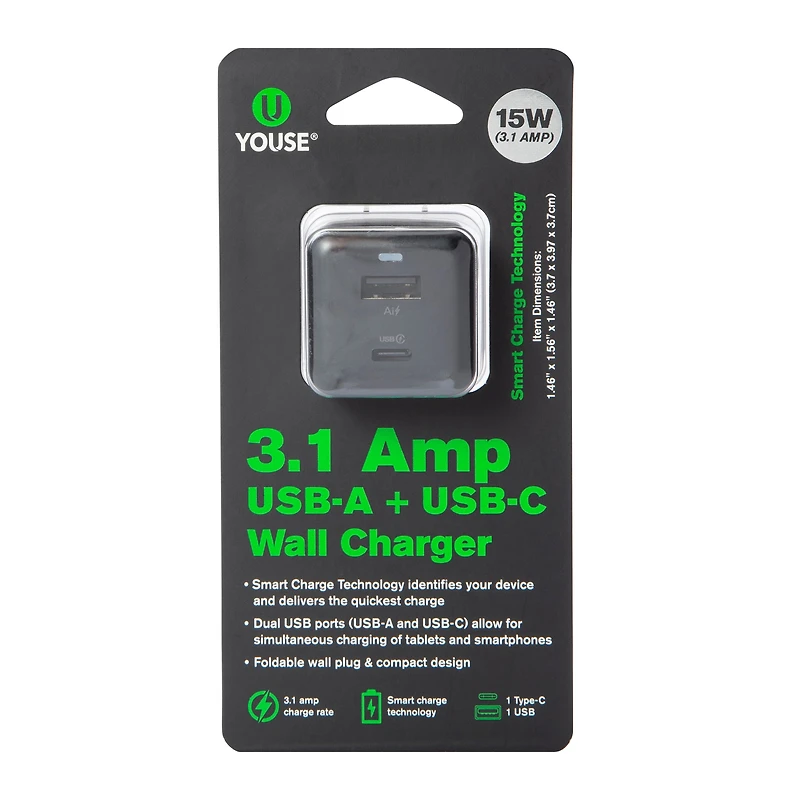 USB & USB-C Dual Wall Charger 3.1 Amp