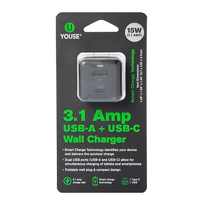 USB & USB-C Dual Wall Charger 3.1 Amp