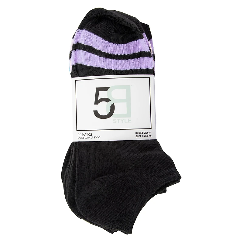 Ladies Ankle Socks 10-Pack - Black With Toe Stripes