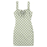 Retro Green Checker Ruched Bust Bodycon Dress