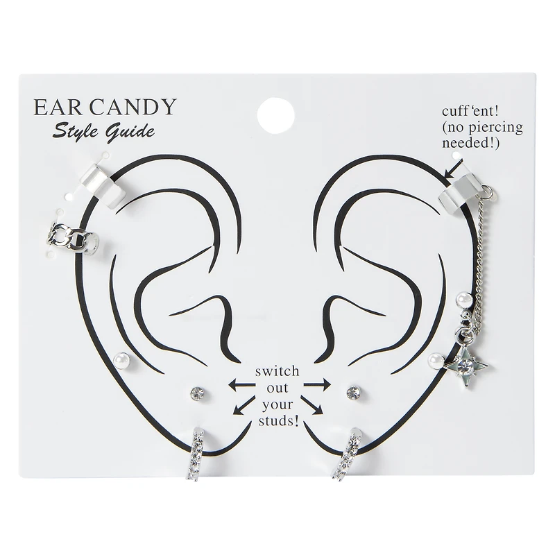Silver Ear Cuff Earrings & Studs Set 9-Count