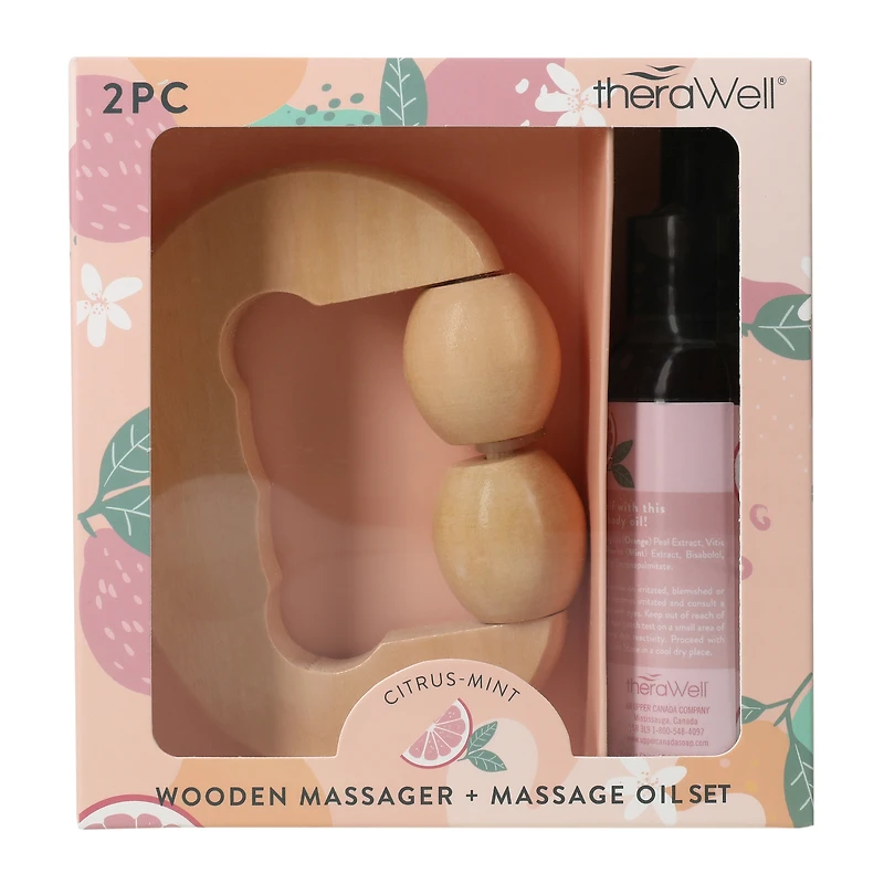 Therawell® Wooden Massager & Massage Oil Set 2-Piece - Grapefruit