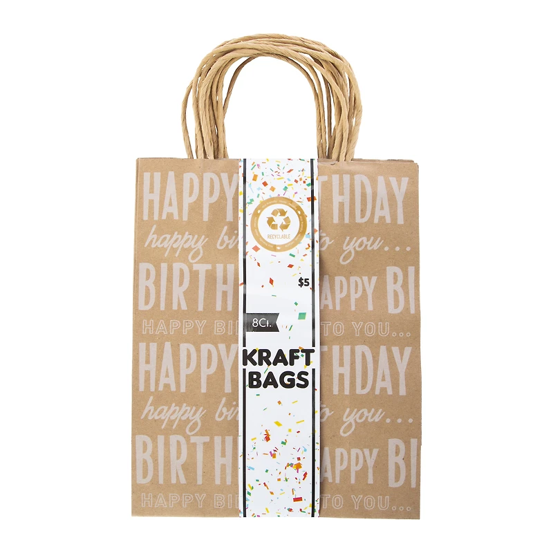 8-Count Brown Paper Birthday Kraft Gift Bags