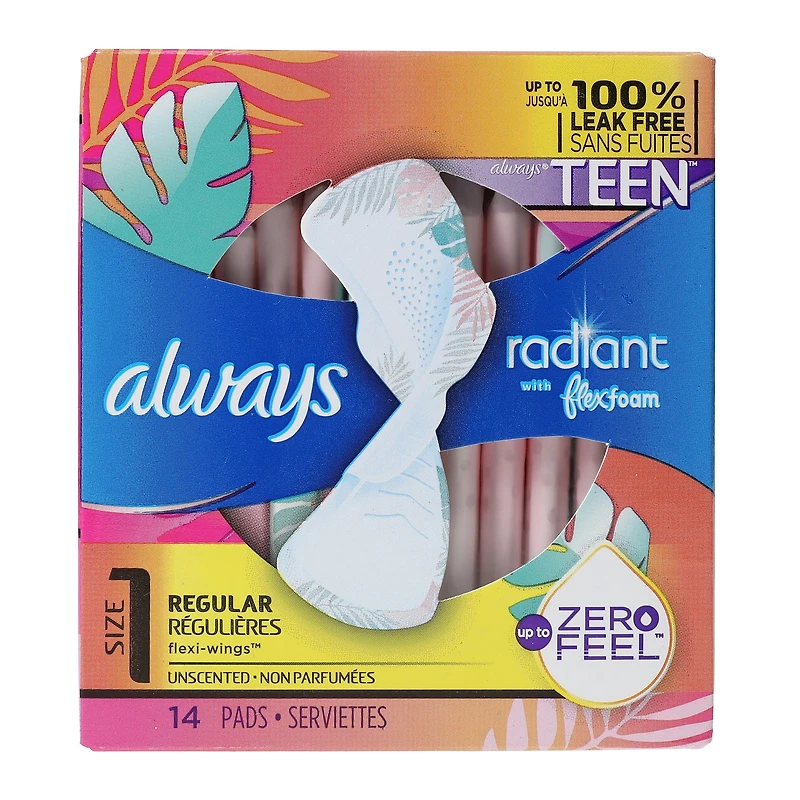 Always® Teen™ Radiant With Flex Foam™ Size 1 Regular Pads 14-Count