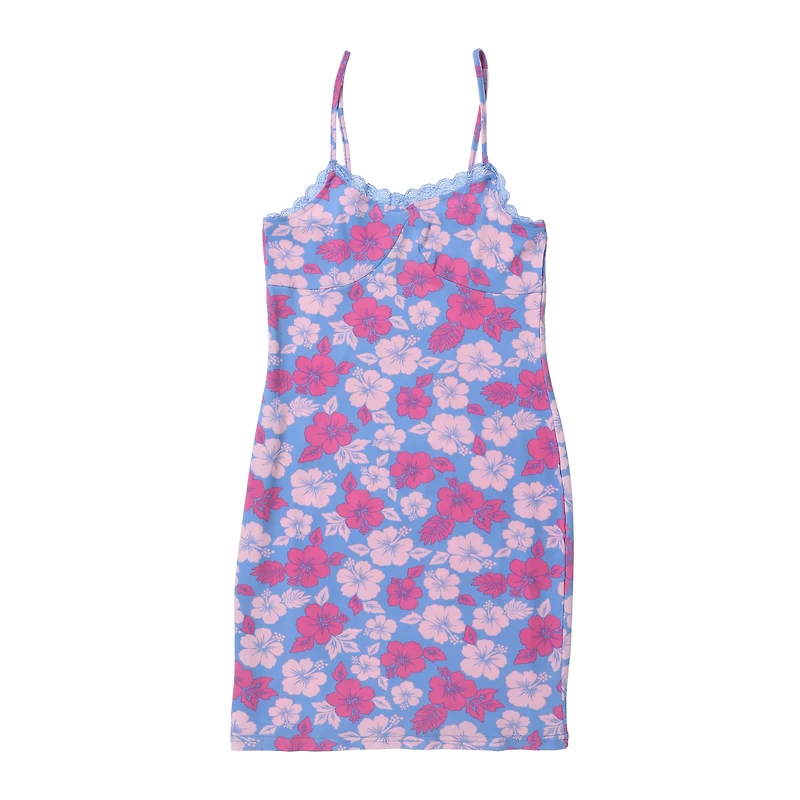 Juniors Blue Floral Lace Trim Dress