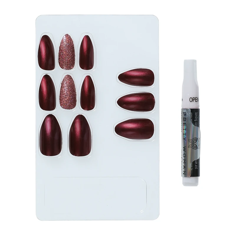 Burgundy & Glitter Faux Nails 24-Piece Set w/ Glue