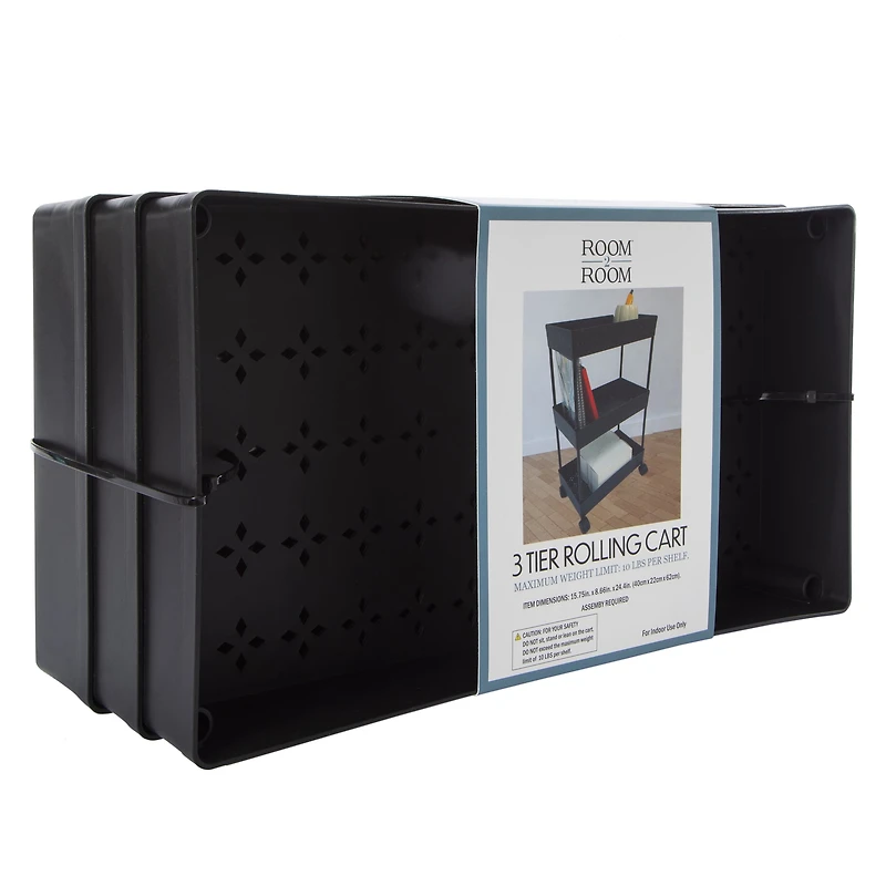 3-Tier Plastic Rolling Cart 15.75in  x 24.4in - Black