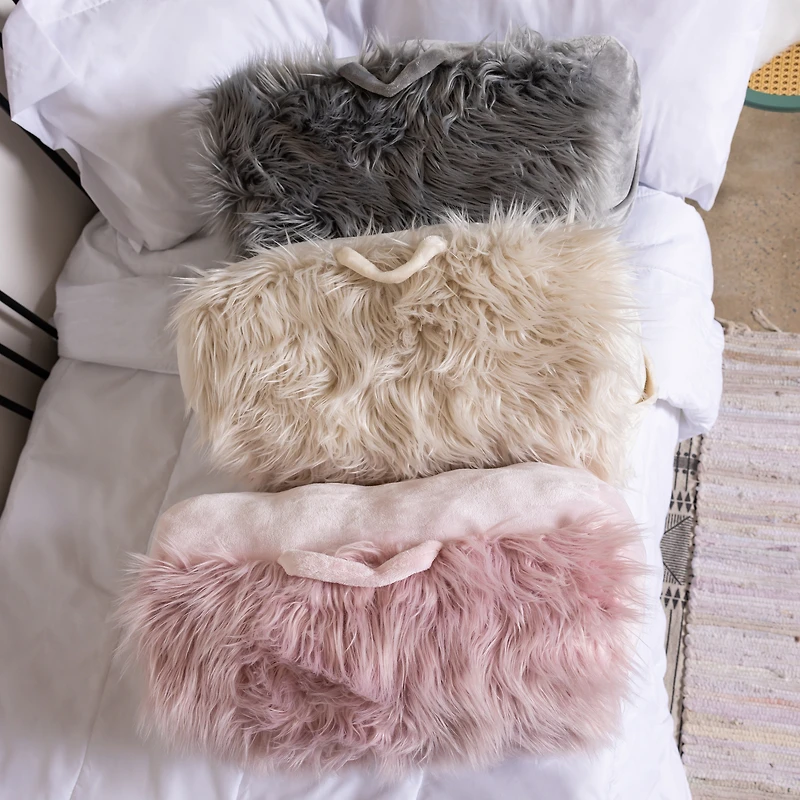 Faux Fur Wedge Pillow With Cellphone Pocket 21in