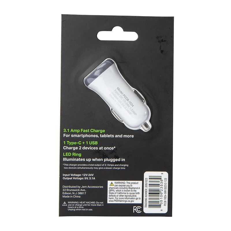 15W LED USB-C & USB-A Dual Car Charger