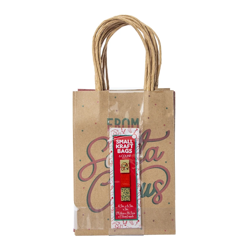 6-Pack Small Holiday Kraft Gift Bags 4.5in x 6.5in - Classic