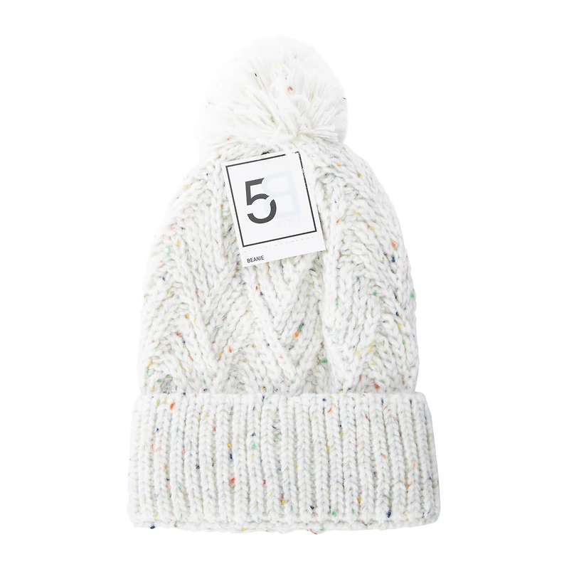 Fleck Yarn Knit Pom Beanie Hat