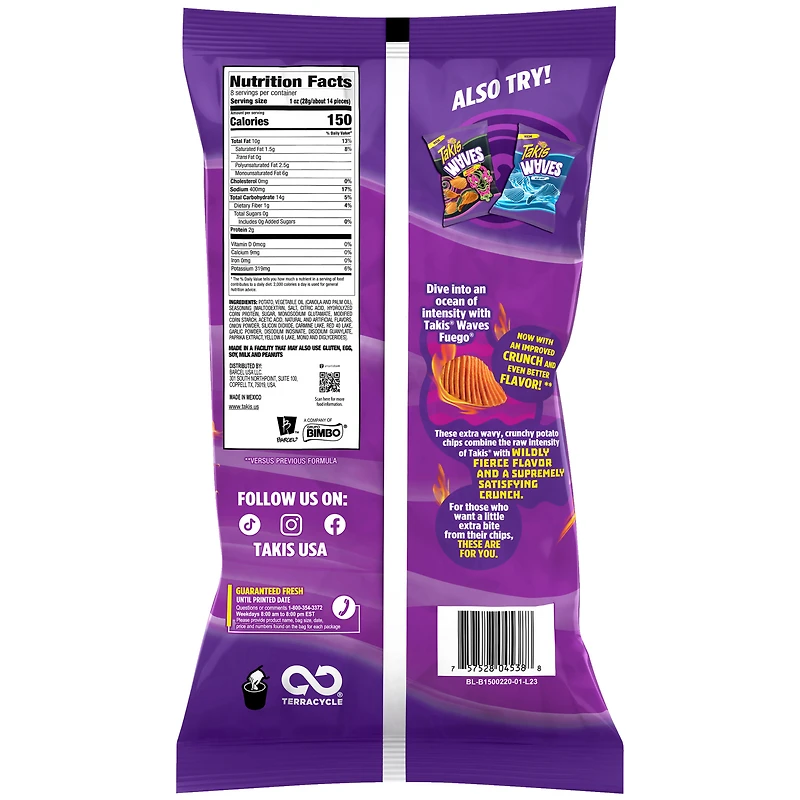 Takis Waves Fuego, Hot Chili Pepper And Lime Artificially Flavored Potato Chips, 8oz Bag