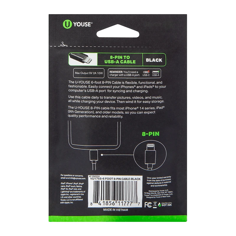 6ft Premium 8-Pin To USB-A Charging Cable