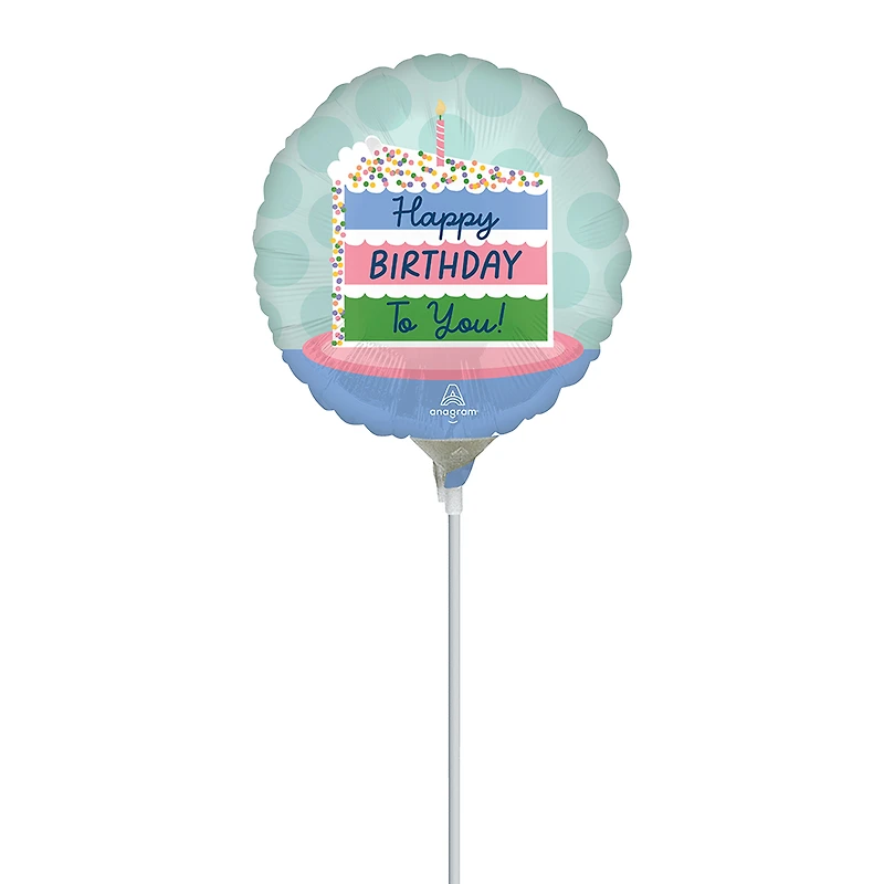 Happy Birthday Cake Pre-Inflated Stick Balloon 9in