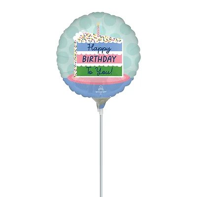 Happy Birthday Cake Pre-Inflated Stick Balloon 9in
