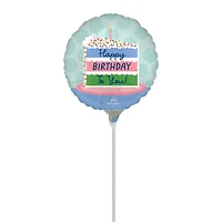 Happy Birthday Cake Pre-Inflated Stick Balloon 9in
