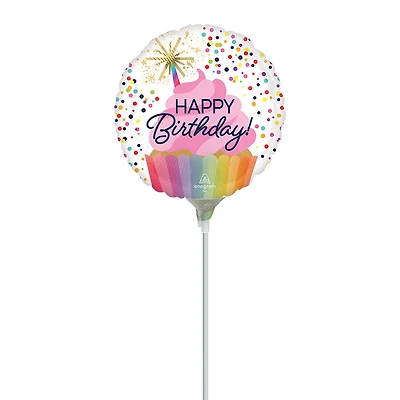 Happy Birthday Cupcake Sprinkles Pre-Inflated Stick Balloon 9in