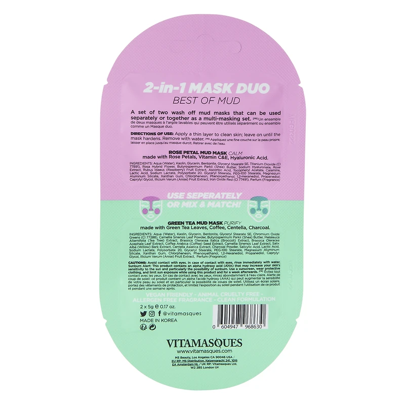 Vitamasques 2-in-1 Rose Petal Mud & Green Tea Mud Mask Duo
